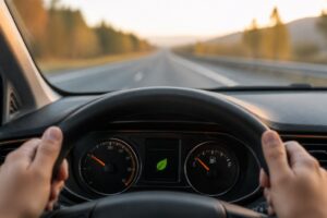 Cruscotto di un'auto con indicatore di carburante e strada davanti